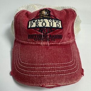 Southern Raised Small Town Proud Trucker Hat Red White Mesh Distressed‎ Kitsch